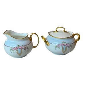 Sugar Bowl & Creamer Hutschenreuther LHS Favorite Bavaria Louise Floral Gold Vtg